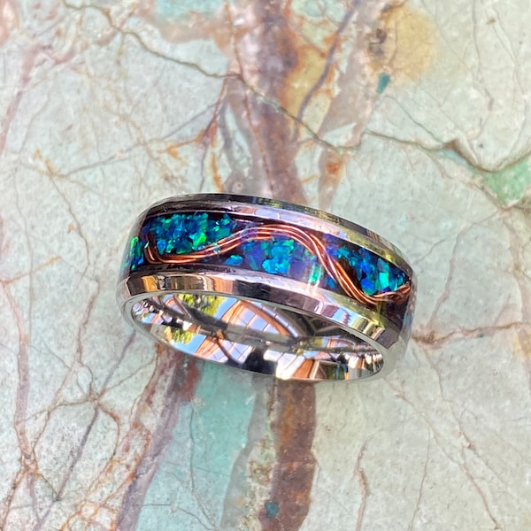 Copper River Ring.  Stainless Steel Comfort Fit Band, Copper, Resin, Opal Inlay, 4mm or 8mm, Made to Order