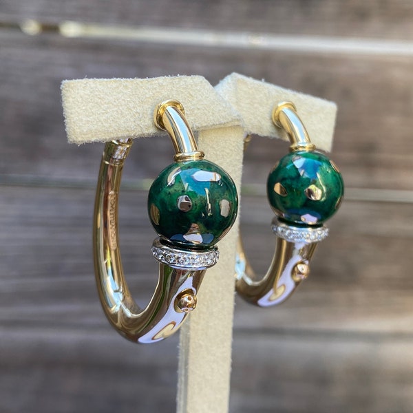 La Nouvelle Bague Solid 18k Yellow Gold Green Enamel & Diamond Hoop Earrings - Quality Fine Estate Jewelry - Real Genuine Gold