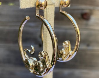 14k Yellow Gold Large Panther Hoop Earring Jackets - Quality Fine Estate Jewelry - Real Genuine Gold - Animal & Ocean - For Her