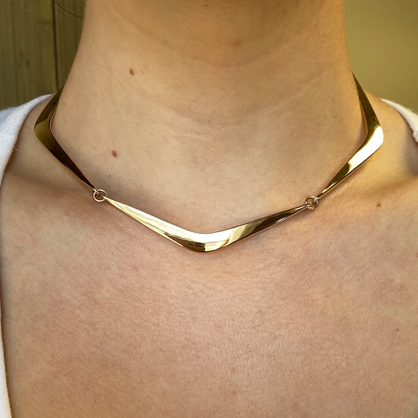 Vintage Solid 14k Yellow Gold Chevron Link Choker Collar Chain Necklace - 14.5 inches - Real Genuine Gold