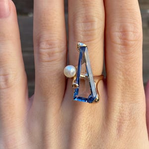 Vintage Solid 14k Yellow Gold Large Topaz Pearl Ring - Size 5.5