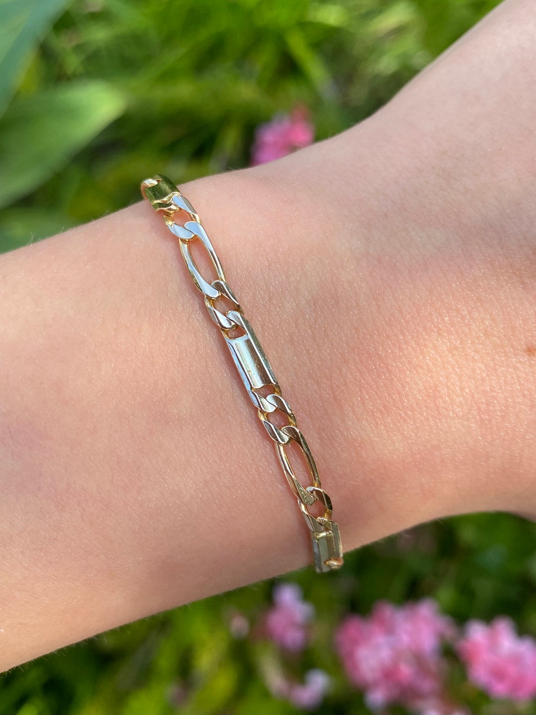 Vintage Solid 14k Yellow Gold Unique Figaro Chain Bracelet Real Genuine Gold Quality Fine Estate