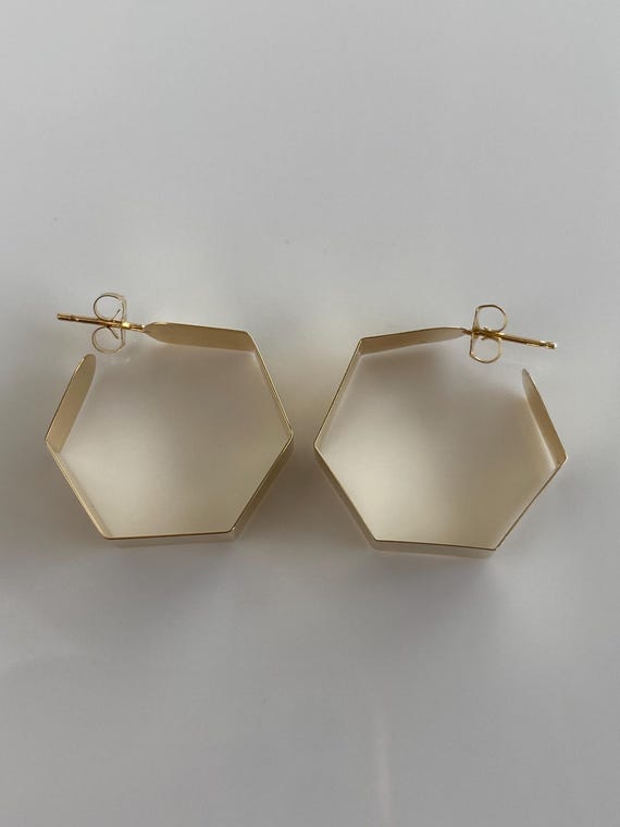Vintage Solid 14k Yellow Gold Octagonal Hoop Earr… - image 4