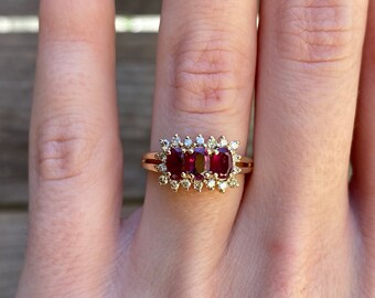 Vintage Solid 14k Yellow Gold Ruby & Diamond Halo Ring - Size 6 - Fine Estate Jewelry - Real Genuine Gold