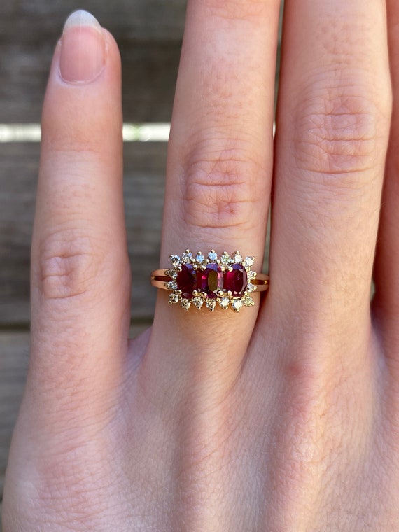 Vintage Solid 14k Yellow Gold Ruby & Diamond Halo… - image 1