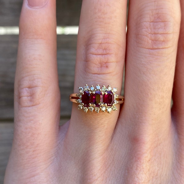 Vintage Solid 14k Yellow Gold Ruby & Diamond Halo Ring - Size 6 - Fine Estate Jewelry - Real Genuine Gold