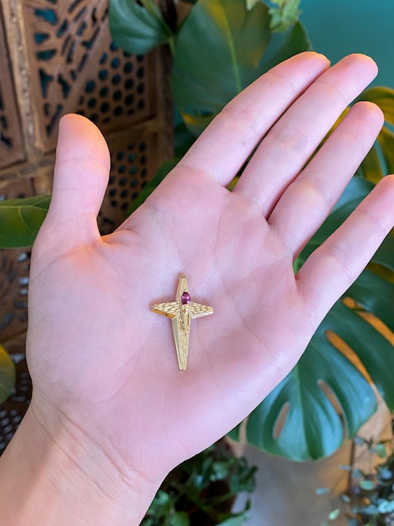 Vintage Solid 18k Yellow Gold Ruby Cross Charm - … - image 2