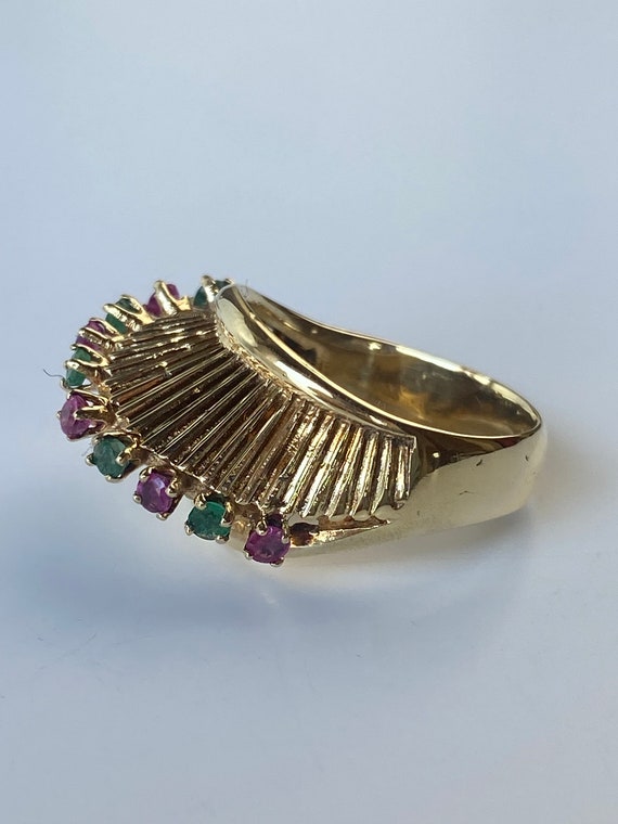 Vintage Solid 14k Yellow Gold Ruby Emerald Fluted… - image 6