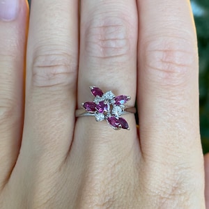 Vintage Solid 14k White Gold Diamond Ruby Cluster Ring - Size 6.75