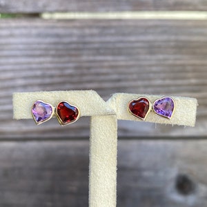 Vintage Solid 14k Yellow Gold Amethyst & Garnet Heart Stud Earrings - Quality Fine Estate Jewelry - Real Genuine Gold - Gift For Her