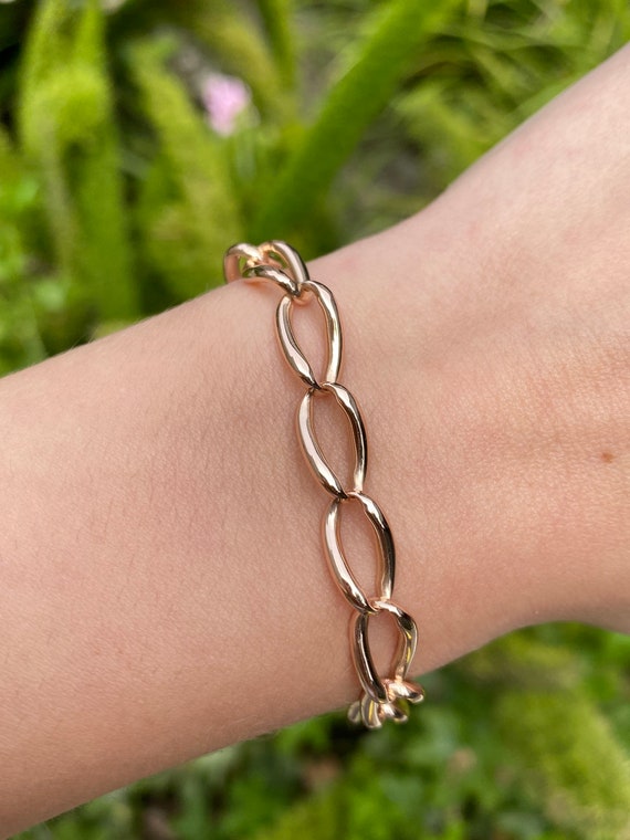 Vintage Solid 14k Rose Gold Elongated Link Chain Bracelet Real