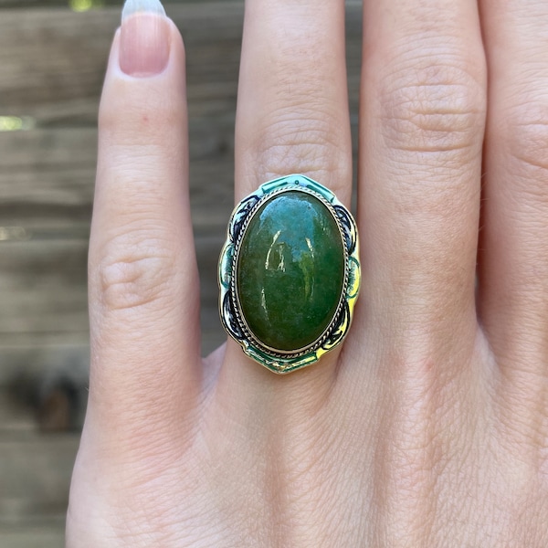 Vintage Solid 14k Yellow Gold Jade & Enamel Ring - Size 5.5 - Fine Estate Jewelry - Real Genuine Gold