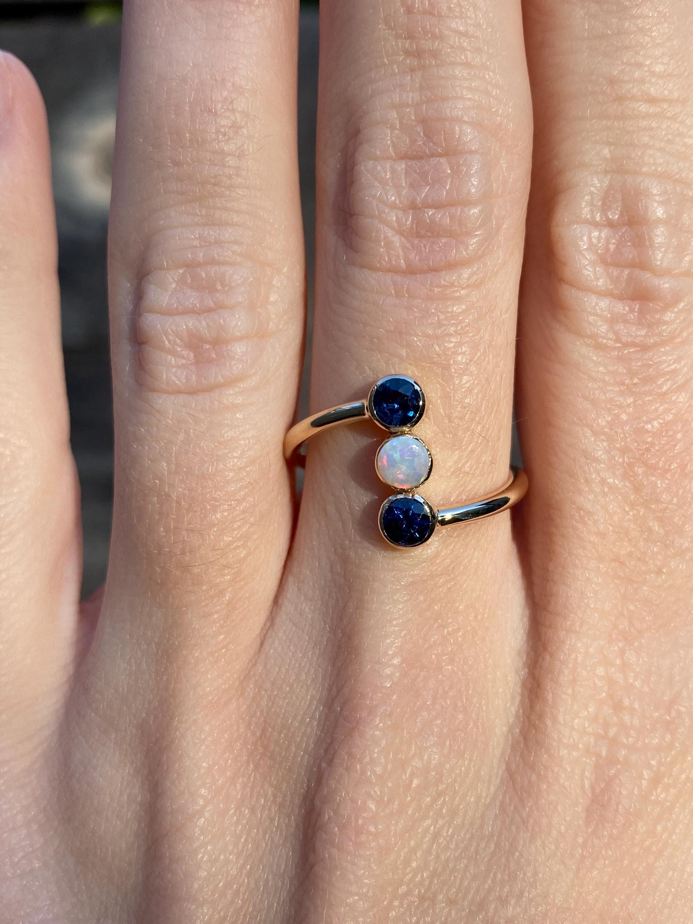 Solid 14k Yellow Gold Blue Sapphire Opal Ring - Size 6 - Fine Estate Jewelry - Real Genuine Gold