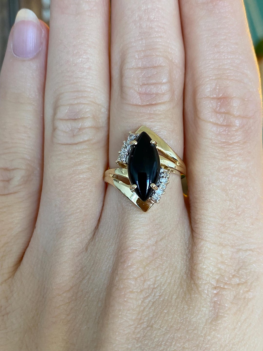 Vintage Solid 14k Yellow Gold Diamond Black Onyx Marquis Ring - Size 6 ...