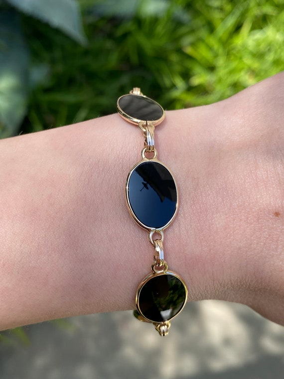 Vintage Solid 14k Yellow Gold Onyx Bracelet - Real