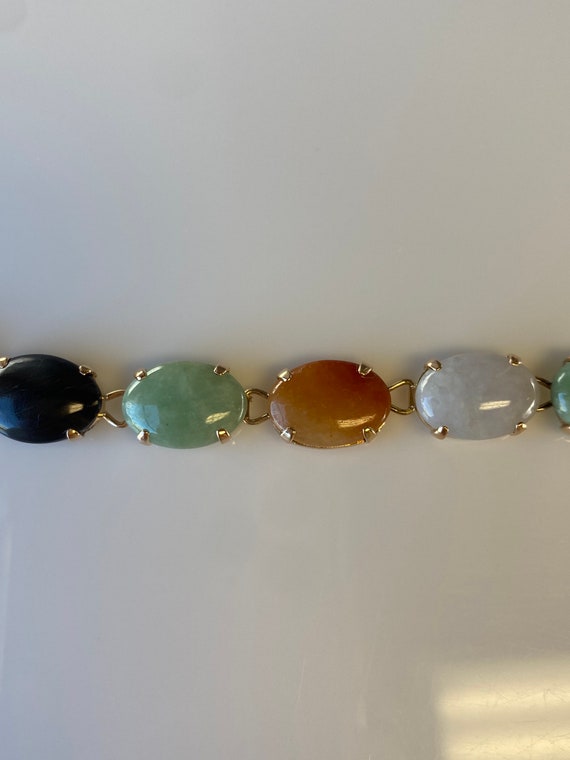 Vintage Solid 14k Yellow Gold Colorful Jade Brace… - image 4