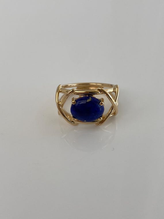 Solid 14k Blue Lapis Lazuli X Pattern Ring - Size… - image 5