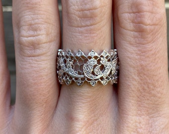 Banda de anillo de diamantes de oro blanco sólido vintage de 18 k - Tamaño 7.25 - Joyería de calidad fina - Oro genuino real