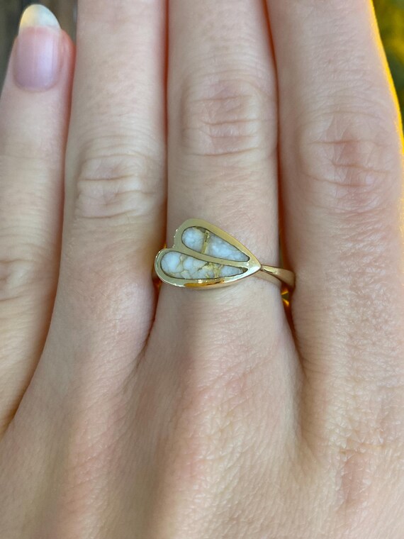 Vintage Solid 14k White Stone Inlay Ring - Size 6… - image 1