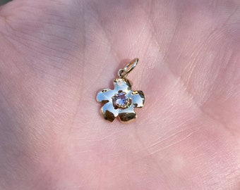 Vintage Solid 14k Yellow Gold Pale Purple Sapphire Flower Charm - Fine Estate Jewelry - Pendant for Necklace - Real Genuine Gold