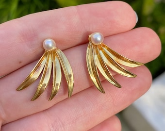 Vintage Solid 18k Yellow Gold Pearl Fan Stud Earrings - Fine Estate Jewelry - Real Genuine Gold