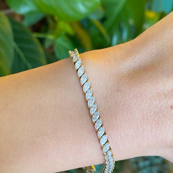 Solid 14k Yellow Gold Marquis Cubic Zirconia Tennis Bracelet - 8.25 inches