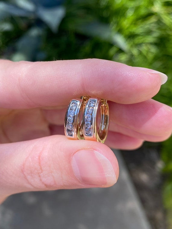 Vintage Solid 14k Yellow Gold Chunky Diamond Hoops