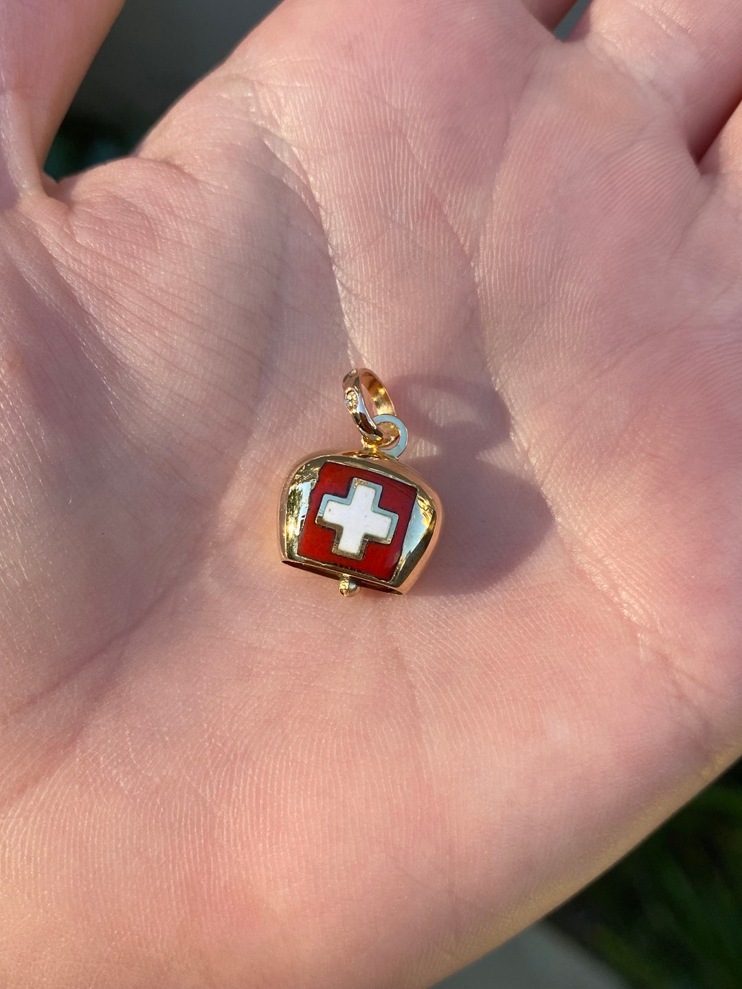 Vintage Solid 18k Yellow Gold Swiss Cow Bell Charm Pendant for Necklace Real Genuine Quality