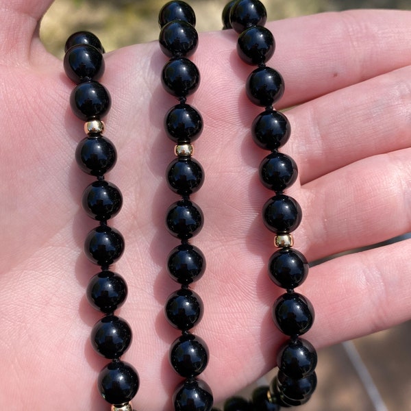 Onyx Strand Beaded Necklace with 14k Gold Beads and Clasp - 26.75 inches - Quality Fine Estate Jewelry - Real Genuine Gold