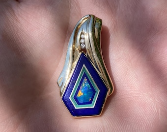 Solid 14k Yellow Gold Diamond Opal Lapis Inlay Slide Charm - Fine Estate Jewelry - Real Genuine Gold