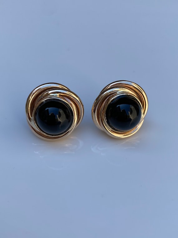 Vintage 14k Yellow Gold Onyx Circle Stud Earrings… - image 7