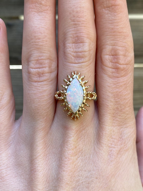Vintage Solid 14k Yellow Gold Marquise Opal Ring -
