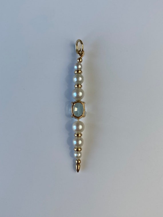 Vintage Solid 14k Yellow Gold Topaz & Pearl Bar P… - image 5