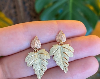 Vintage Solid 10k Black Hills Gold Leaf Dangle Stud Earrings