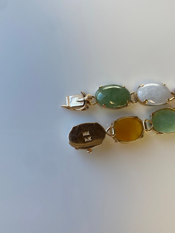 Vintage Solid 14k Yellow Gold Colorful Jade Brace… - image 5