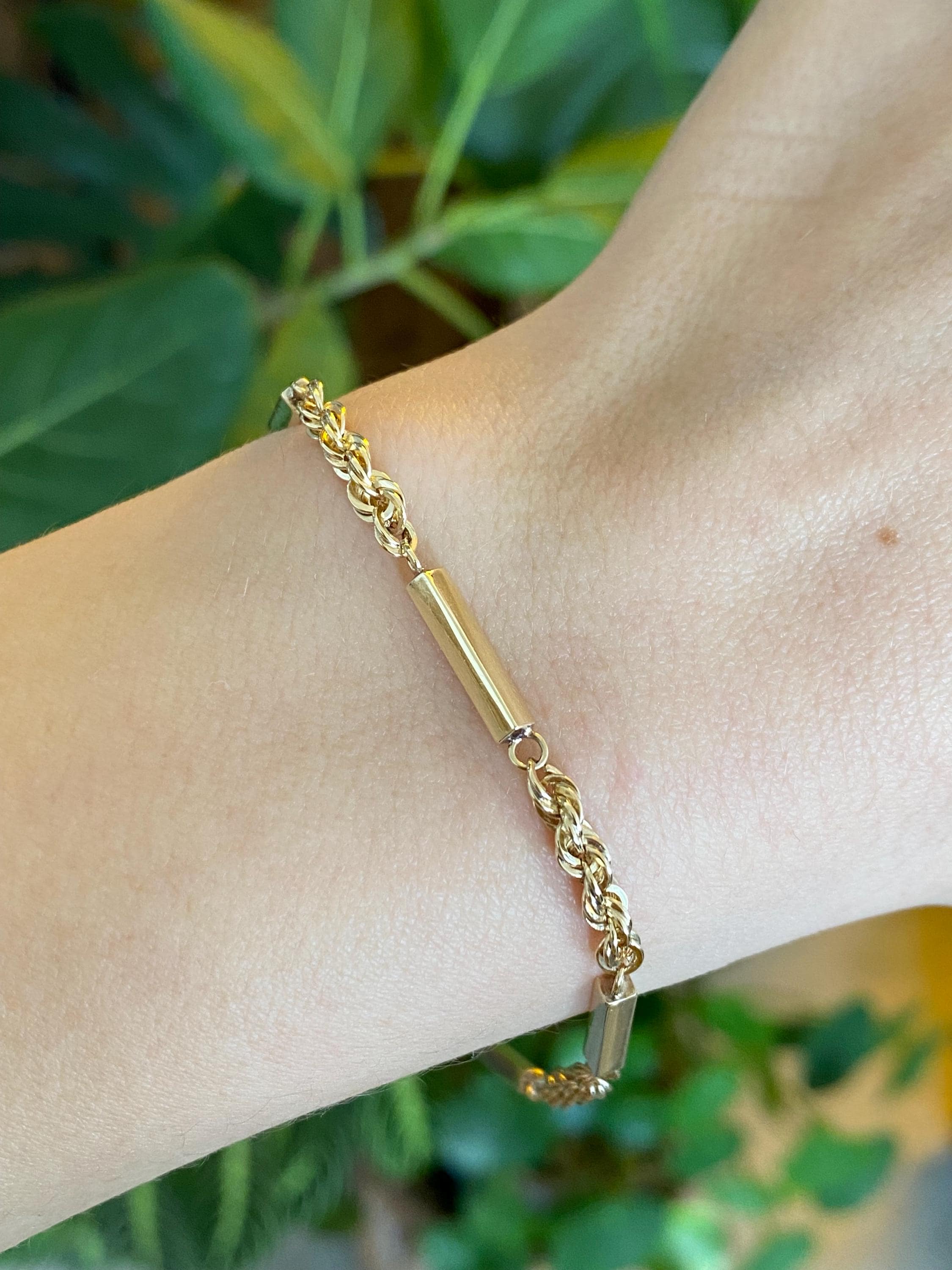 Vintage Solid 11k Yellow Gold Bar Link Rope Chain Bracelet - 7.5