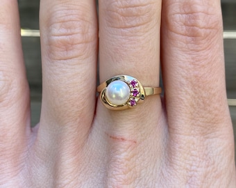 Vintage Solid 10k Pearl & Pink Sapphire Ring - Size 6.75 - Fine Estate Jewelry - Real Genuine Gold