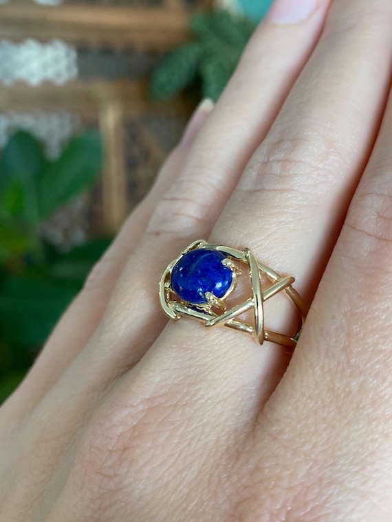 Solid 14k Blue Lapis Lazuli X Pattern Ring - Size… - image 3