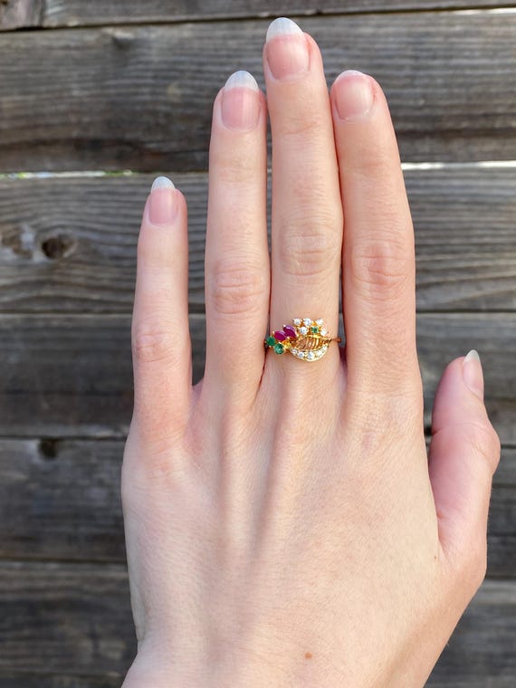 Vintage Solid 20k Yellow Gold Ruby Emerald Cubic … - image 2