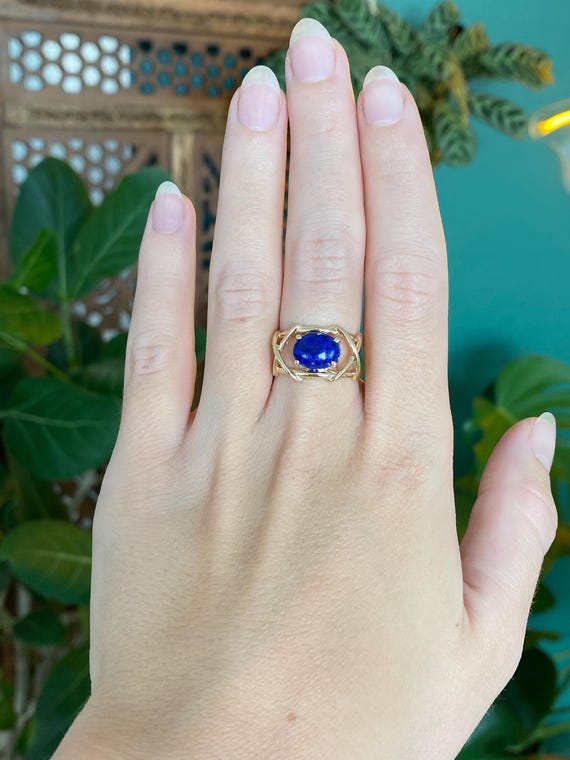Solid 14k Blue Lapis Lazuli X Pattern Ring - Size… - image 2