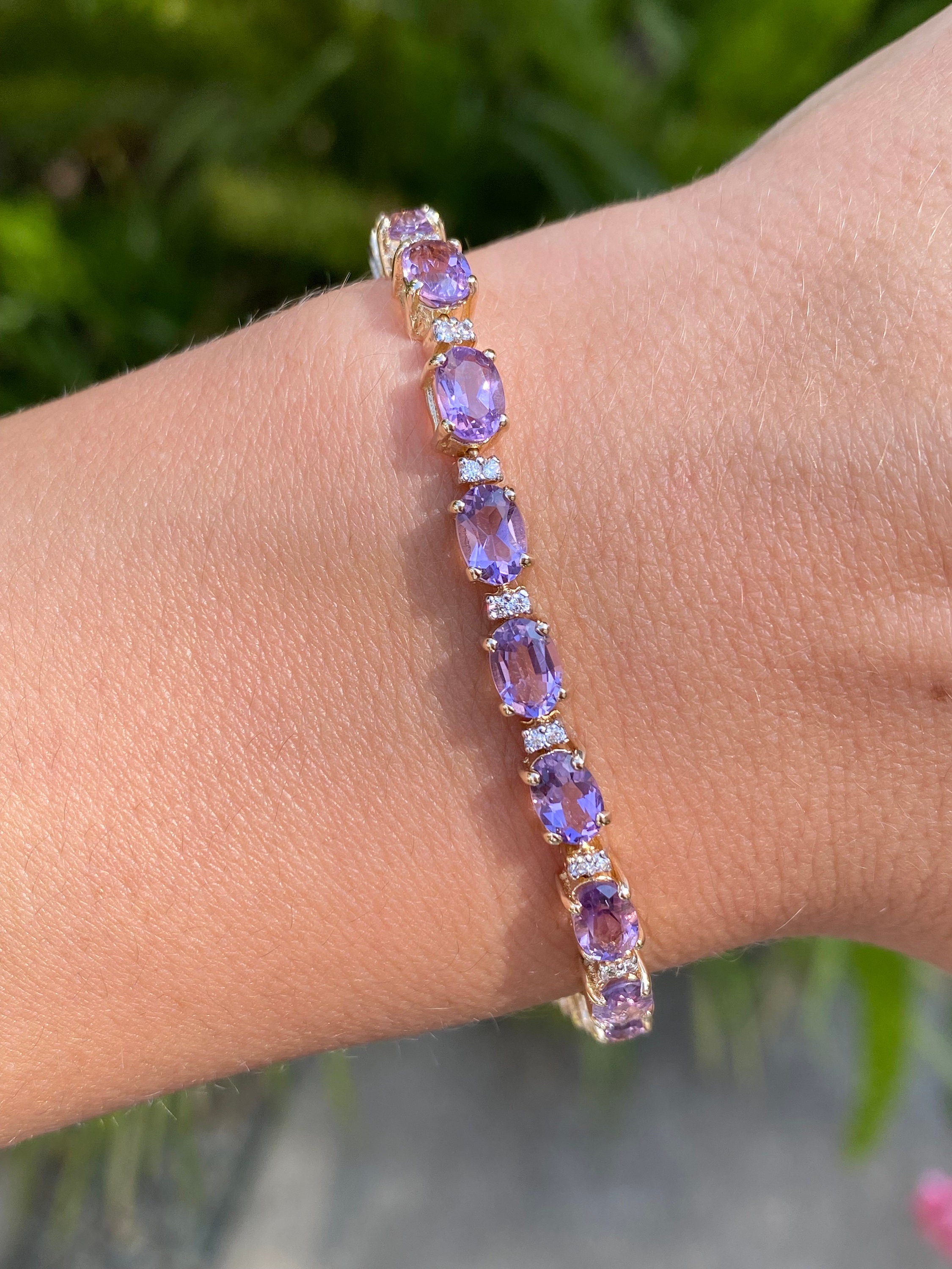 Vintage Solid 14k Yellow Gold Amethyst Clear Cubic Zirconia Tennis Bracelet - 7 inches - Fine Estate Jewelry - Real Genuine Gold