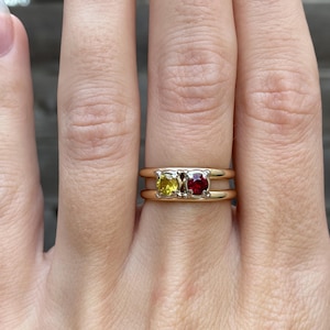 May include: A gold ring with two gemstones, one yellow and one red, set in a double band.