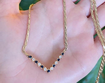 Vintage Solid 14k Yellow Gold Diamond Blue Sapphire Chevron Flat Rope Chain Necklace - 18.75 inches