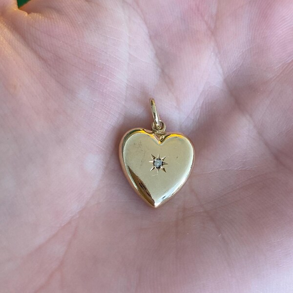 Vintage 14k Yellow Gold Star Set Seed Pearl Puffy Heart Charm