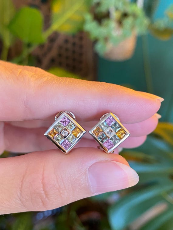 Solid 14k White Gold Diamond Colored Sapphire Squ… - image 1