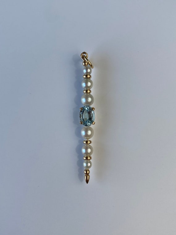 Vintage Solid 14k Yellow Gold Topaz & Pearl Bar P… - image 3