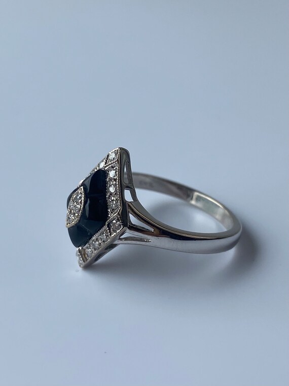 Solid 18k White Gold Diamond & Onyx Ring - Genuin… - image 6