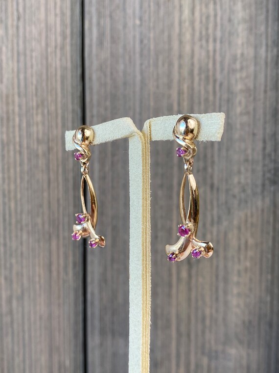 Vintage Solid 14k Yellow Gold Pink Sapphire Drop … - image 3
