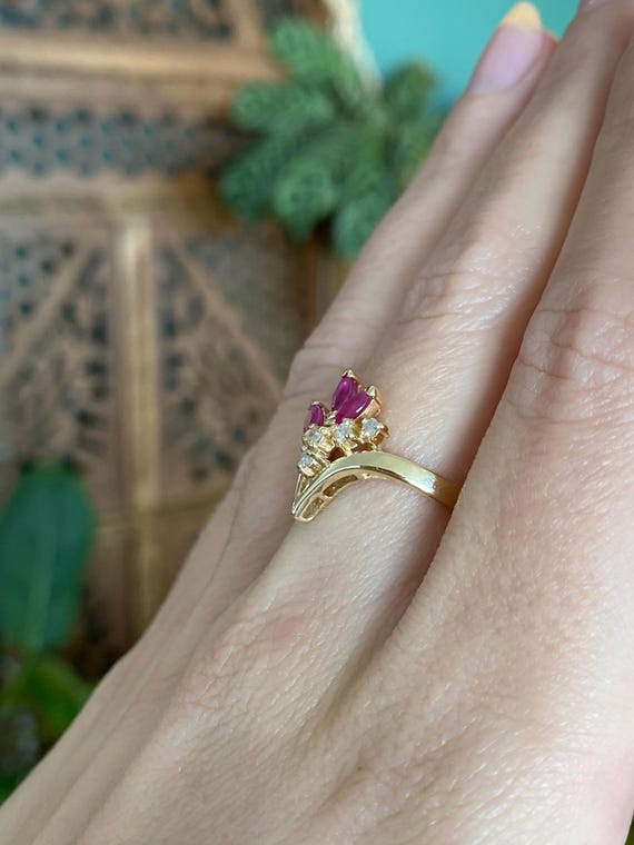 Solid 14k Yellow Gold Diamond Ruby Ring - Size 6.… - image 3