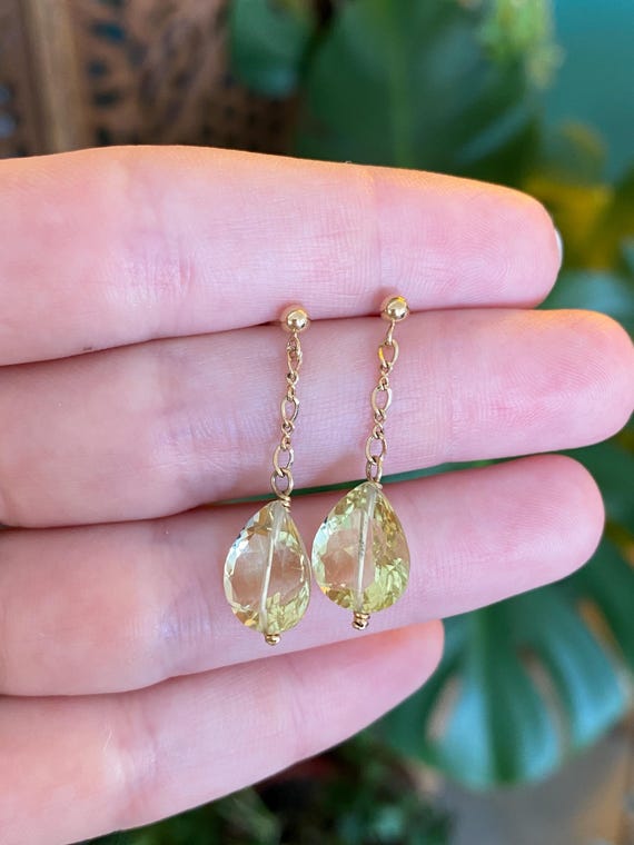 Solid 14k Lemon Quartz Drop Dangle Earrings - Fin… - image 1